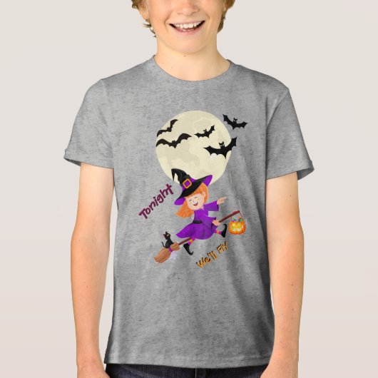 Vanavond vliegen we Schattigee heks Broom Flying T Tri-Blend Shirt (Voorkant)