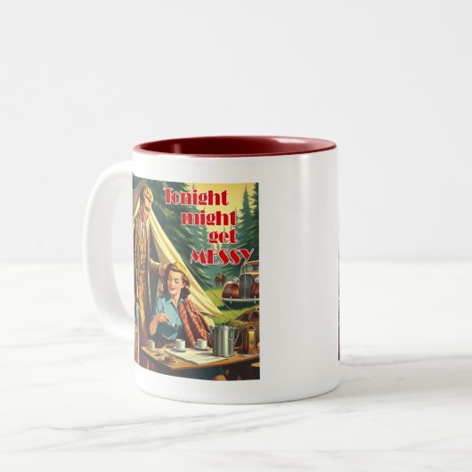 Vanavond wordt misschien rommelig kamperen tweekleurige koffiemok (Voorkant links)