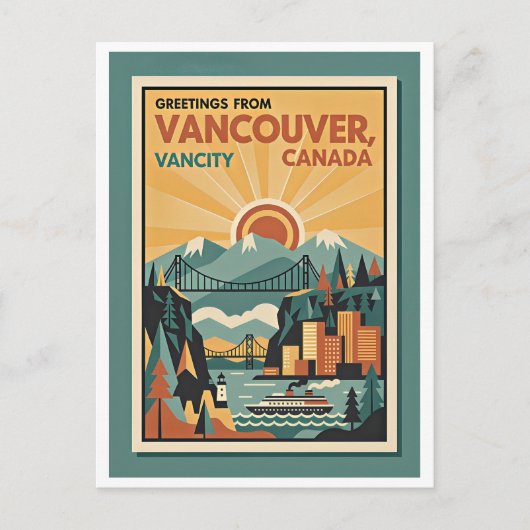 Vancouver Canada Retro Reisposter – 1930s Briefkaart (Voorkant)