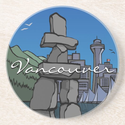 Vancouver Souvenir Onderzetter Inukshuk Cityscape  (Voorkant)