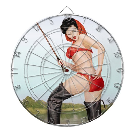 Vandaag is Catch Pin Up Gevist meisje Dartbord (Voorkant)