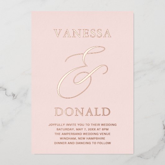 Vanessa Blush Roze Moderne bruiloft Folie Uitnodiging (Voorkant)