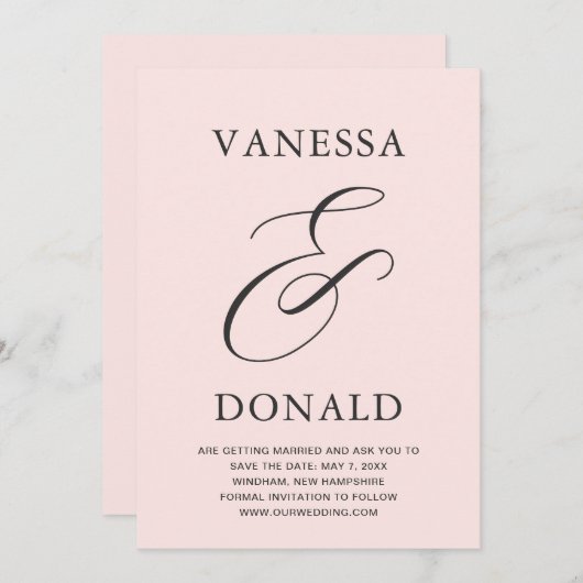 Vanessa Blush Roze Moderne bruiloft Save The Date (Voorkant / Achterkant)
