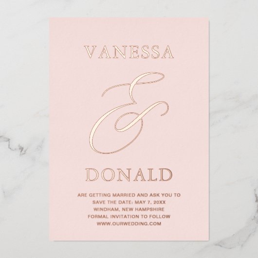 Vanessa Blush Roze Moderne bruiloft Save the Date Folie Uitnodiging (Voorkant)
