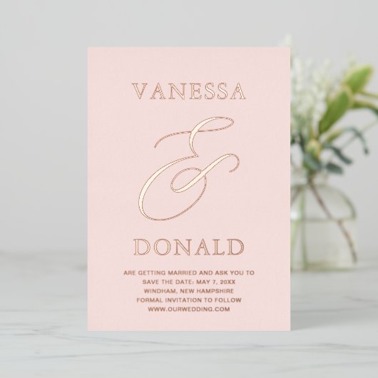 Vanessa Blush Roze Moderne bruiloft Save the Date Folie Uitnodiging (Staand Voorkant)