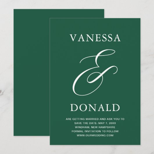 Vanessa Emerald Green Moderne bruiloft Save The Date (Voorkant / Achterkant)