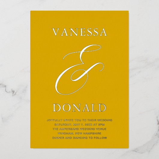 Vanessa Mosterd Geel Moderne bruiloft Folie Uitnodiging (Voorkant)