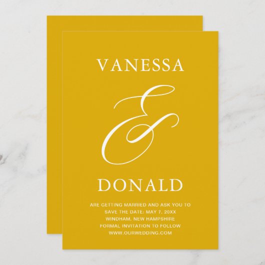 Vanessa Mosterd Geel Moderne bruiloft Save The Date (Voorkant / Achterkant)