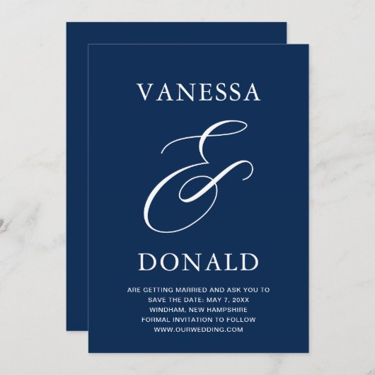 Vanessa Navy Blue Modern Wedding Save The Date (Voorkant / Achterkant)