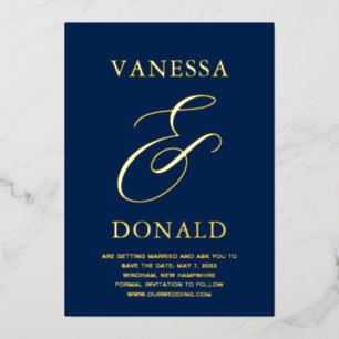 Vanessa Navy Blue Modern Wedding Save the Date Folie Uitnodiging