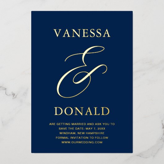 Vanessa Navy Blue Modern Wedding Save the Date Folie Uitnodiging (Voorkant)