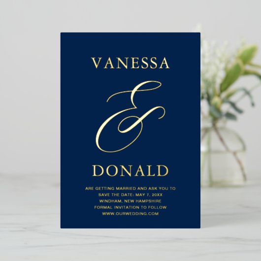 Vanessa Navy Blue Modern Wedding Save the Date Folie Uitnodiging (Staand Voorkant)