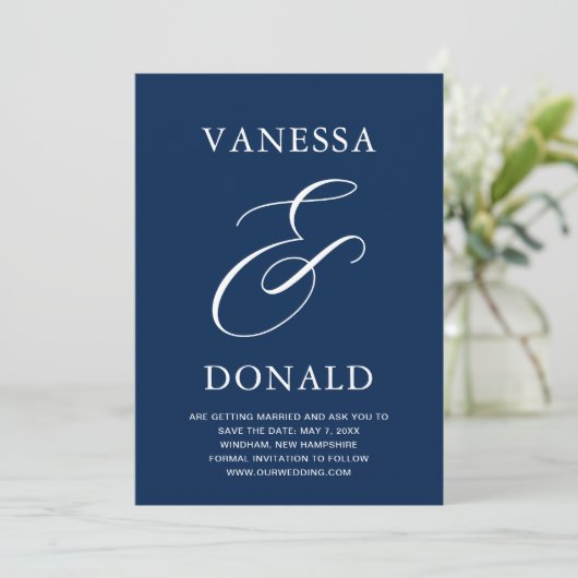 Vanessa Navy Blue Moderne Trouw  Save The Date (Staand voorkant)