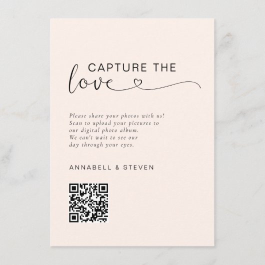 Vang de liefde! Foto, hart-QR-code, bruiloft Informatiekaartje (Voorkant)