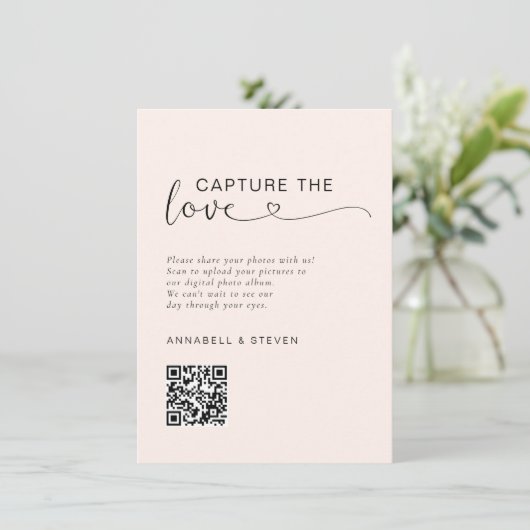 Vang de liefde! Foto, hart-QR-code, bruiloft Informatiekaartje (Staand voorkant)