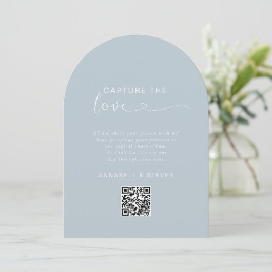 Vang de liefde! Foto, hart-QR-code, bruiloft Kaart (Staand voorkant)