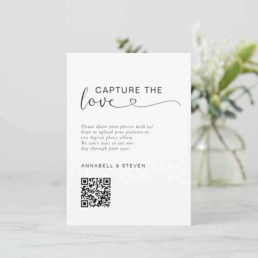 Vang de liefde! Foto, QR-code, bruiloft Informatiekaartje (Staand voorkant)