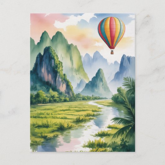  Vang Vieng Laos Hot air Balloon watercolor Briefkaart (Voorkant)