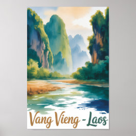 Vang Vieng Laos Vintage Watercolor Schilderij Poster