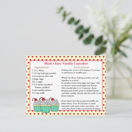 Vanilla Cupcake Recipe Cards Briefkaart (Staand voorkant)