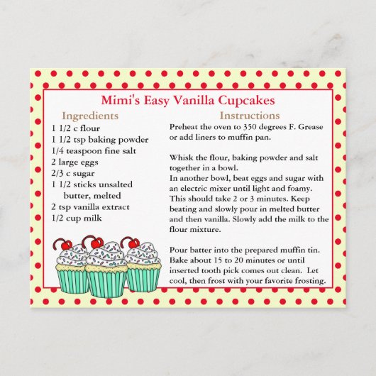 Vanilla Cupcake Recipe Cards Briefkaart (Voorkant)