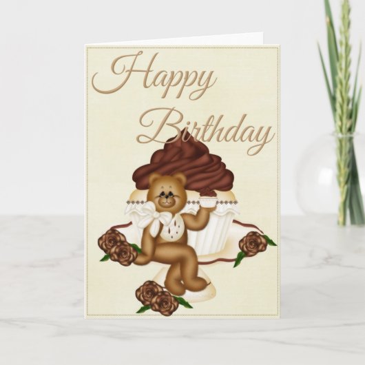 Vanilla Cupcake w/Teddy Bear Happy Birthday Kaart (Voorkant)