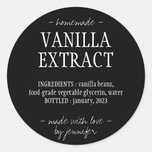 Vanilla Extract drink flessentrommel, zwart Ronde Sticker (Voorkant)