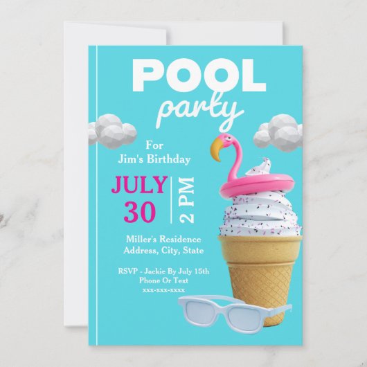 Vanilla Ice Cream Cone Verjaardag Pool Party Kaart (Voorkant)