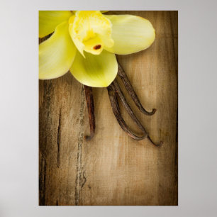 Vanilla Pods and Flower over Wooden Background Poster