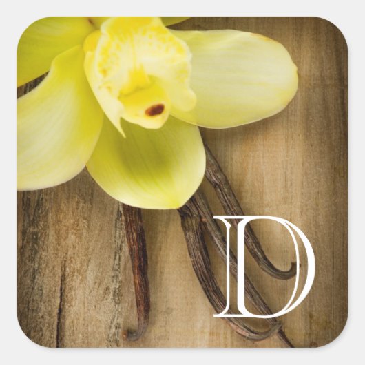 Vanilla Pods and Flower over Wooden Background Vierkante Sticker (Voorkant)