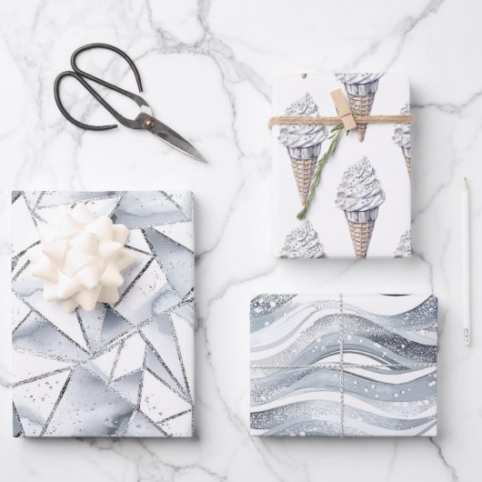 Vanilla Silver Confetti Ice Cream Cone Verjaardag Inpakpapier Vel (Voorkant)