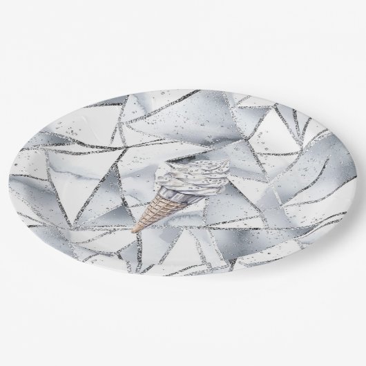 Vanilla Silver Confetti Ice Cream Cone Verjaardag Papieren Bordje (Gekanteld)