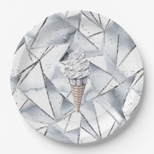 Vanilla Silver Confetti Ice Cream Cone Verjaardag Papieren Bordje (Voorkant)