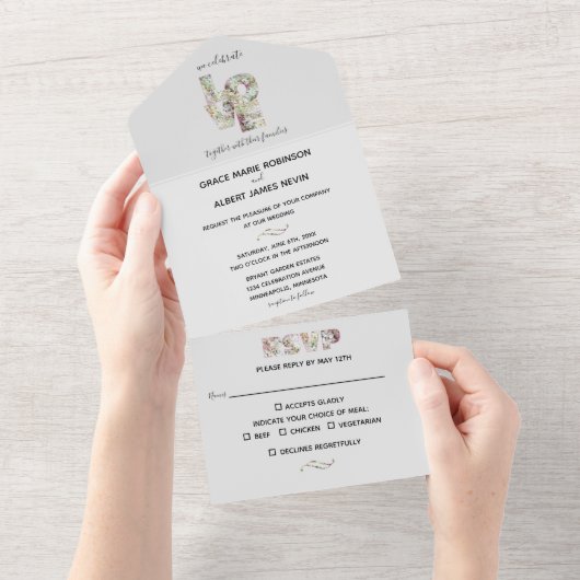 Vanilla Strawberry Hydrangeas Wedding Theme All In One Uitnodiging (Afscheurbaar)