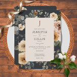 Vanilla White Boho Rozen Blue Wedding Invitation Kaart<br><div class="desc">Dit ontwerp kenmerkt zachte vanille witte waterverf rozen met bruin, blauwgroen, en roest op een donkerdusty blauwe achtergrond. Een monogram voltooit de eenvoudige maar elegante blik van deze uitnodiging. Deze kaart maakt deel uit van de Vanilla White Boho Rozen Sage Wedding Suite van kaarten die zijn gemaakt door Eenvoudig Farmhouse...</div>