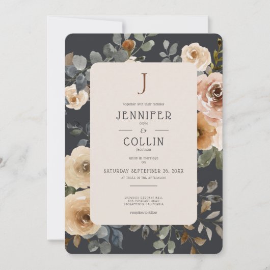 Vanilla White Boho Rozen Blue Wedding Invitation Kaart (Voorkant)