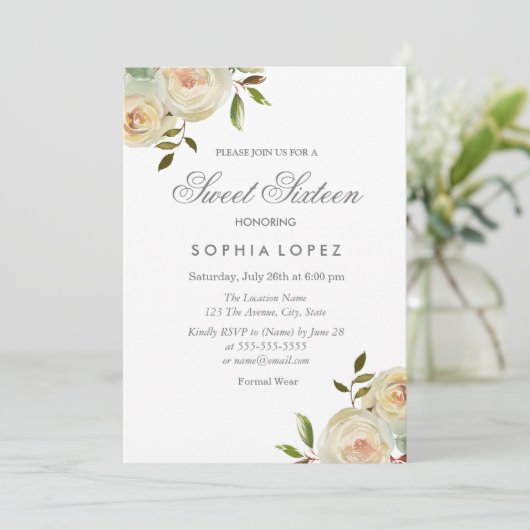 Vanilla White Cream Rozen Elegant Sweet 16 Party Kaart (Staand voorkant)