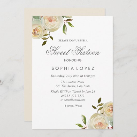 Vanilla White Cream Rozen Elegant Sweet 16 Party Kaart (Voorkant / Achterkant)