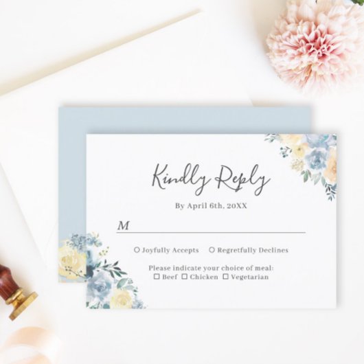Vanille Blauw Bloem Bruiloft RSVP Kaart