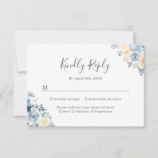 Vanille Blauwe Bloemen Lente en Zomer Huwelijk RSVP Kaartje (Voorkant)