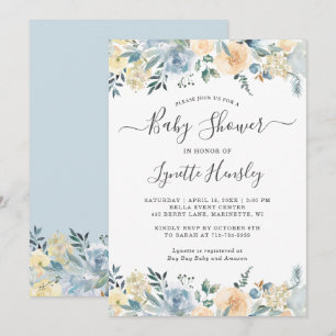 Vanille blauwe bloemige babyshower uitnodiging