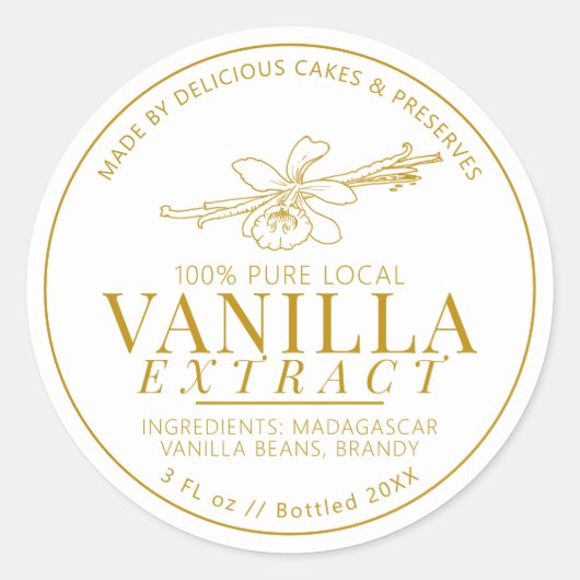 Vanille extract bloem en bonen tekening geel ronde sticker (Voorkant)
