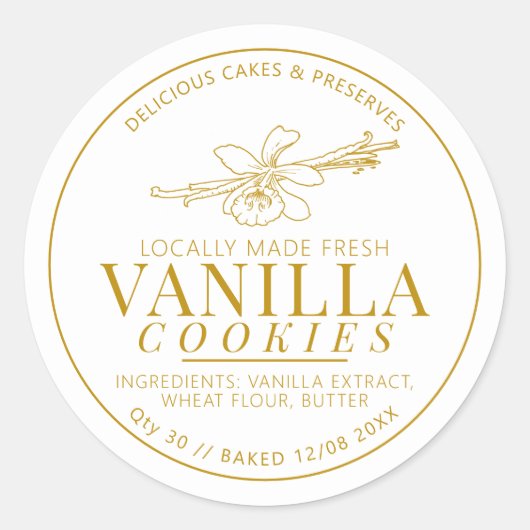 Vanille koekjes bloem en bonen tekening gouden ronde sticker (Voorkant)
