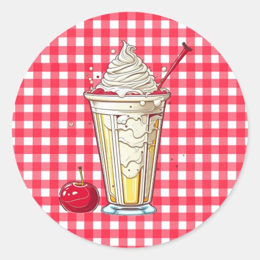 Vanille Milkshake met Kersen Rood Geruit Ronde Sticker (Voorkant)
