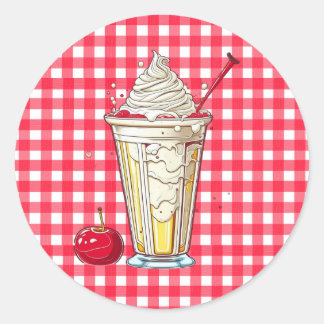 Vanille Milkshake met Kersen Rood Geruit Ronde Sticker