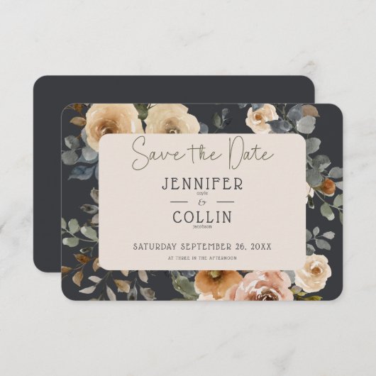 Vanille Wit Boho Rozen Blauw Bruiloft Save The Date (Voorkant / Achterkant)