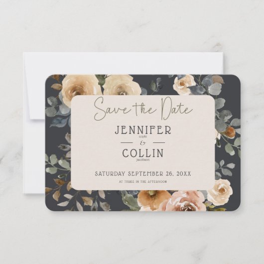 Vanille Wit Boho Rozen Blauw Bruiloft Save The Date (Voorkant)