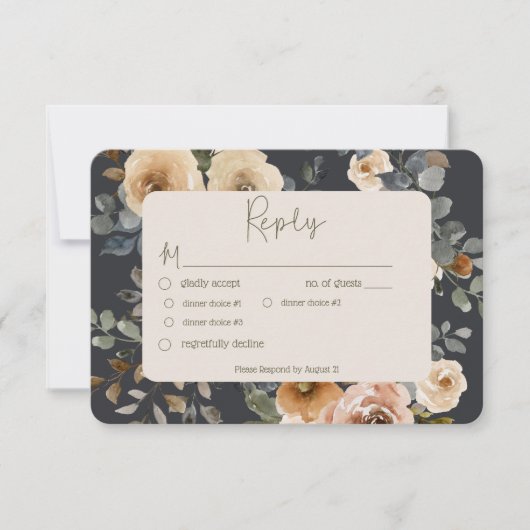 Vanille Witte Boho Rozen Blauw Bruiloft Diner RSVP Kaartje (Voorkant)