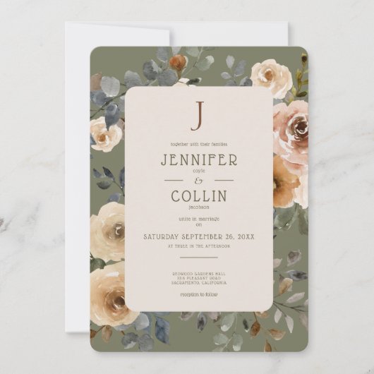 Vanille Witte Boho Rozen Sage Bruiloft Kaart (Voorkant)