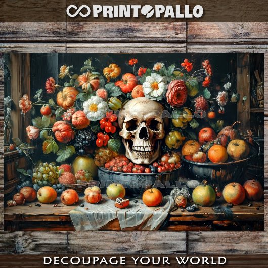 Vanitas met fruit, bloemen en schedel - tissuepapier